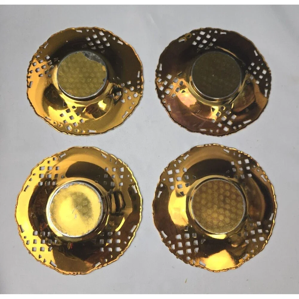 Gold Brass Gilded Plated Metal Demitasse Tea Set Cup Holder & Saucer Set of 4 - Picture 13 of 13